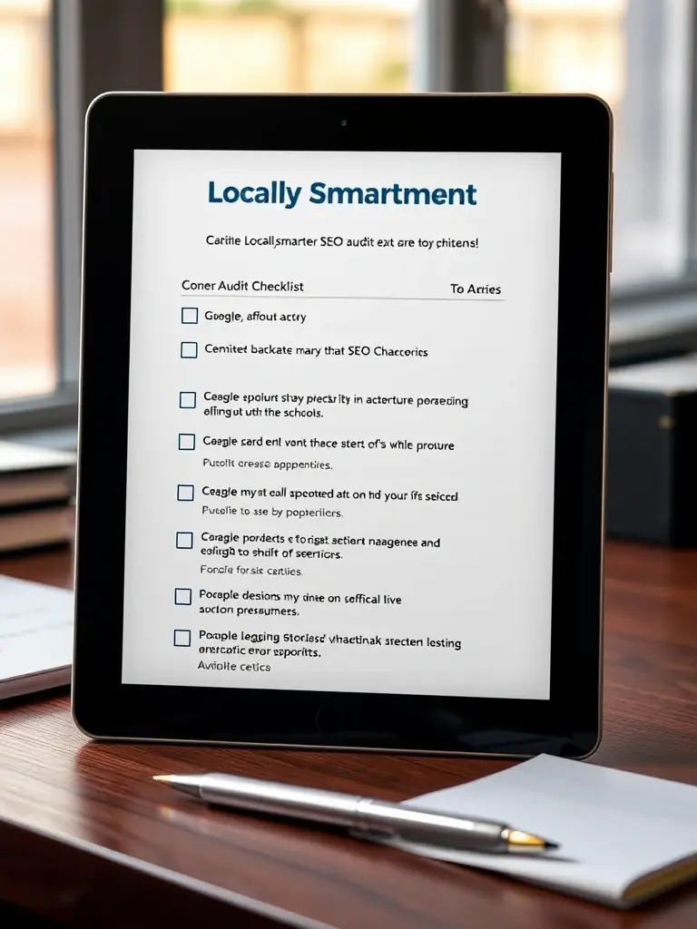An image of the Locally Smarter platform's local SEO audit tool, displaying a checklist of optimization tasks for a local business's website.