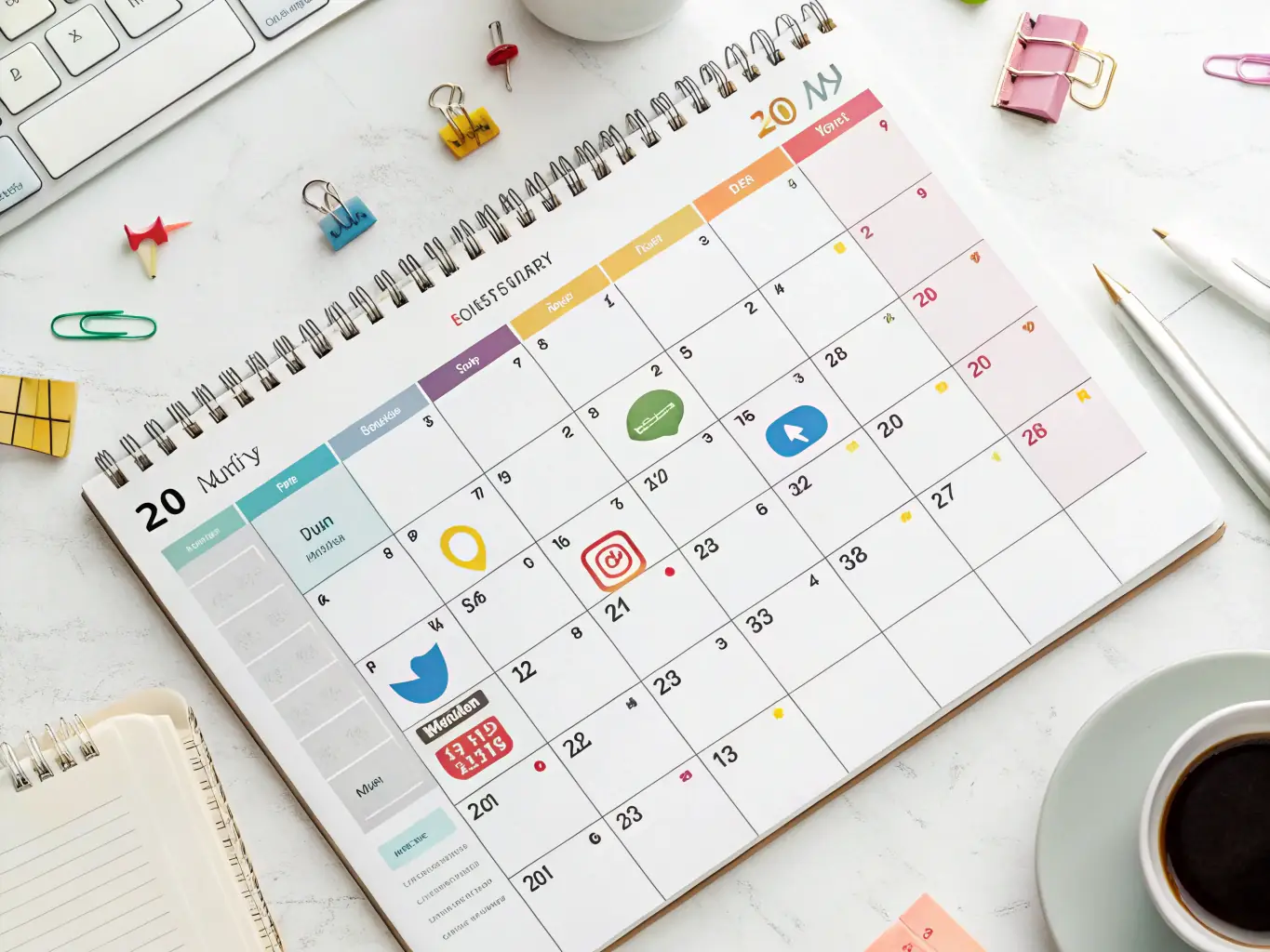 A visually appealing image of a content calendar filled with various social media posts and blog topics, representing content marketing services.