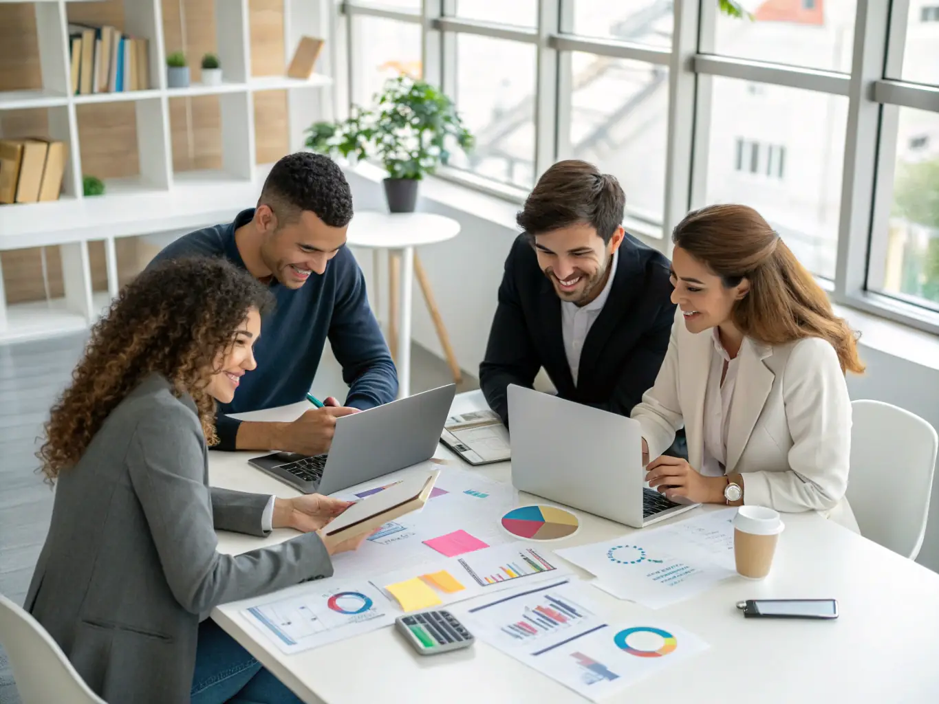 A professional photograph showcasing a team of marketing experts collaborating in a modern office setting, brainstorming strategies for local SEO optimization.